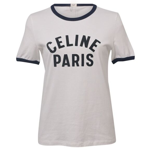 Celine Logo Short Sleeve T-Shirt in White Cotton Button Down Shirts